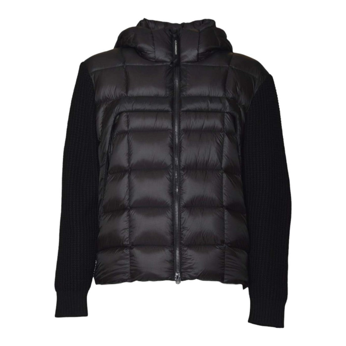 C.P. Company Padded Quilted Black Casual Jacket With Textured Knit Sleeves