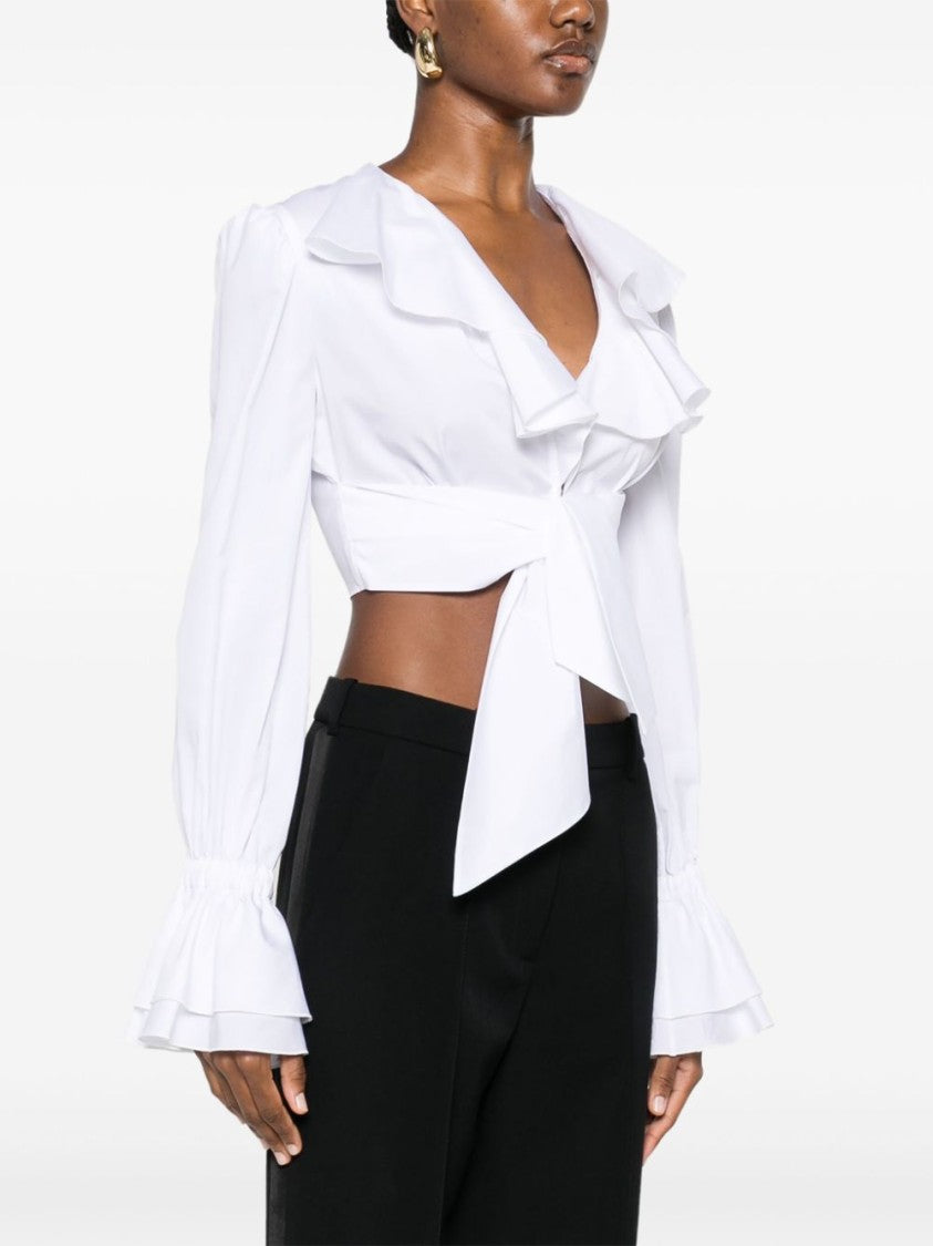 Balmain White Cropped Ruffled V-Neck Top