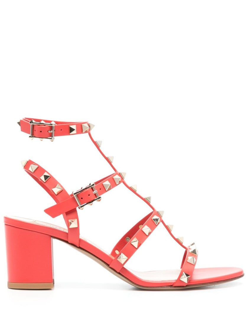 Valentino Garavani Red Leather Rockstud Sandal With Pyramid Studs And Block Heel