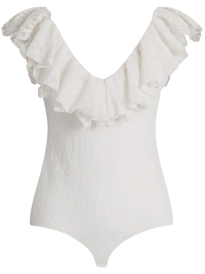 Alberta Ferretti Fitted V-Neck Bodysuit With Ruffled Lace Trim