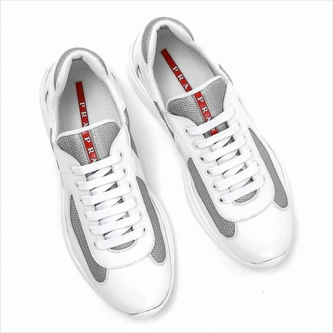 Prada White Leather And Grey Mesh Sneakers