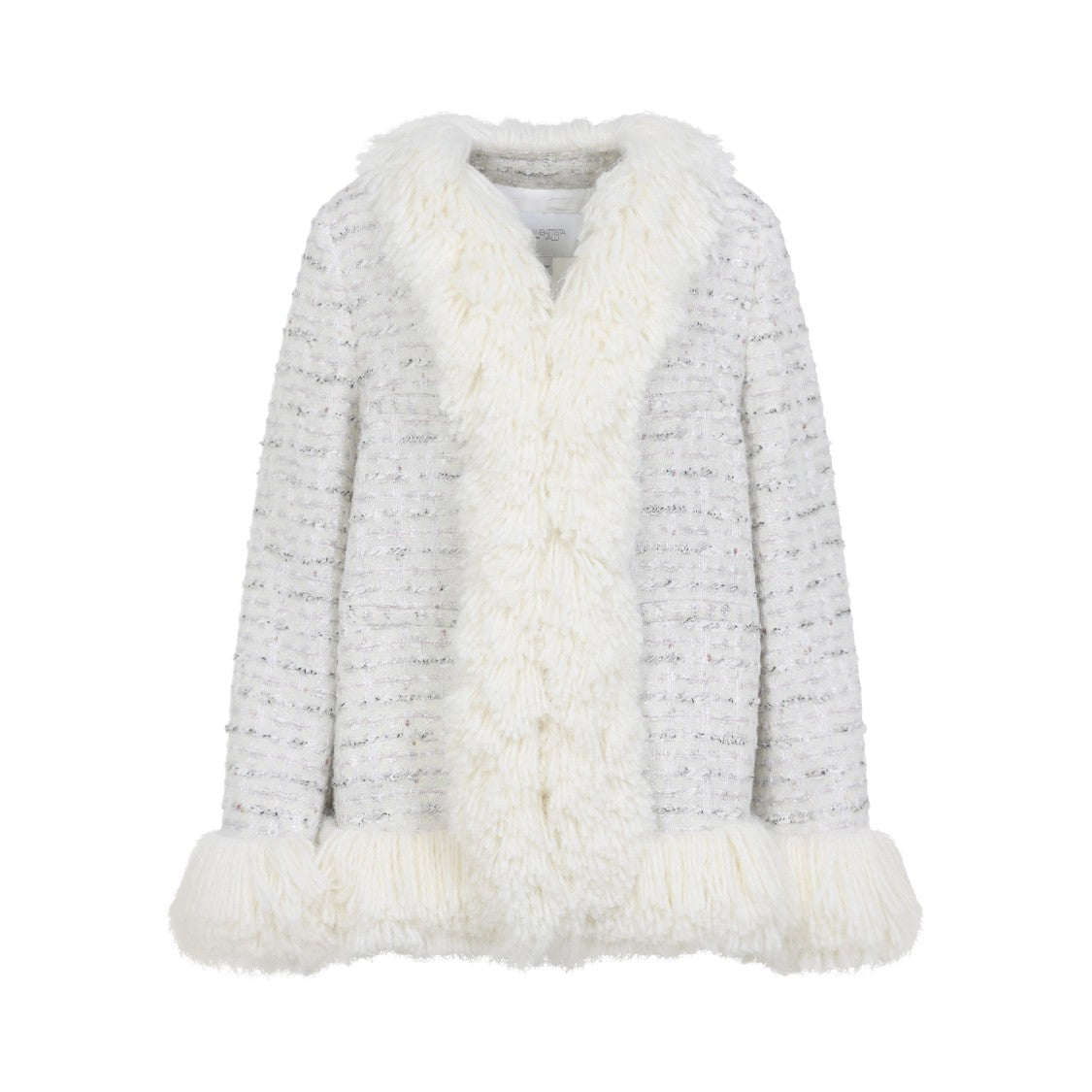 Giambattista Valli Textured White Wool Coat With Fur Trims