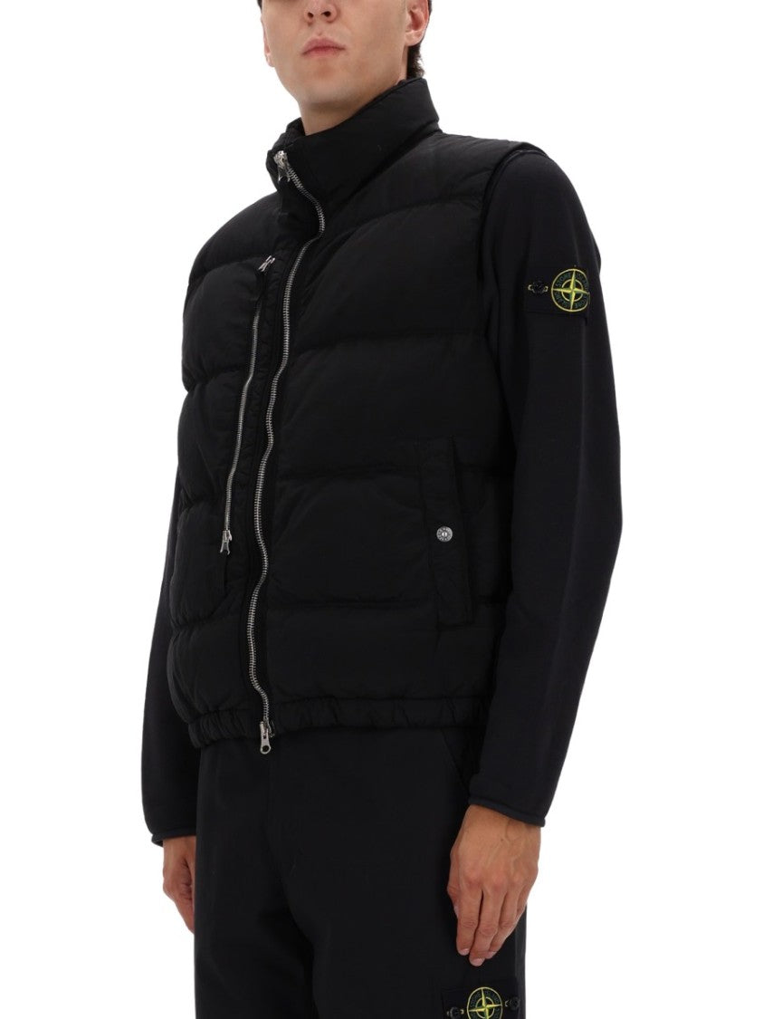 Stone Island Quilted Black Vest With High Collar