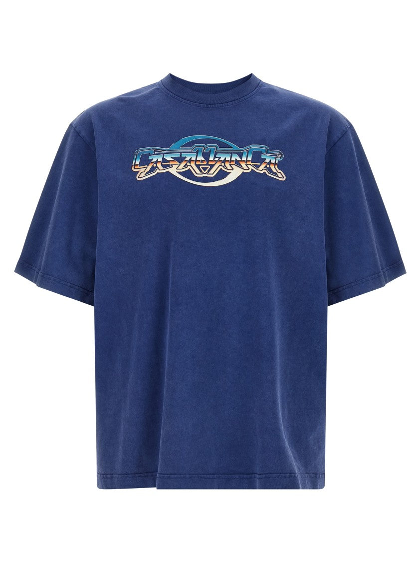 Casablanca Washed Navy Blue Oversized Cotton Crew Neck T-Shirt With Graphic Print