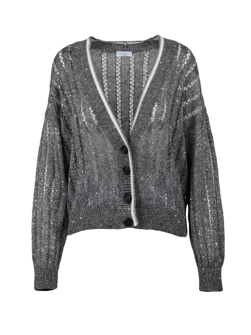 Brunello Cucinelli Grey Tricot Linen Nylon Cardigan