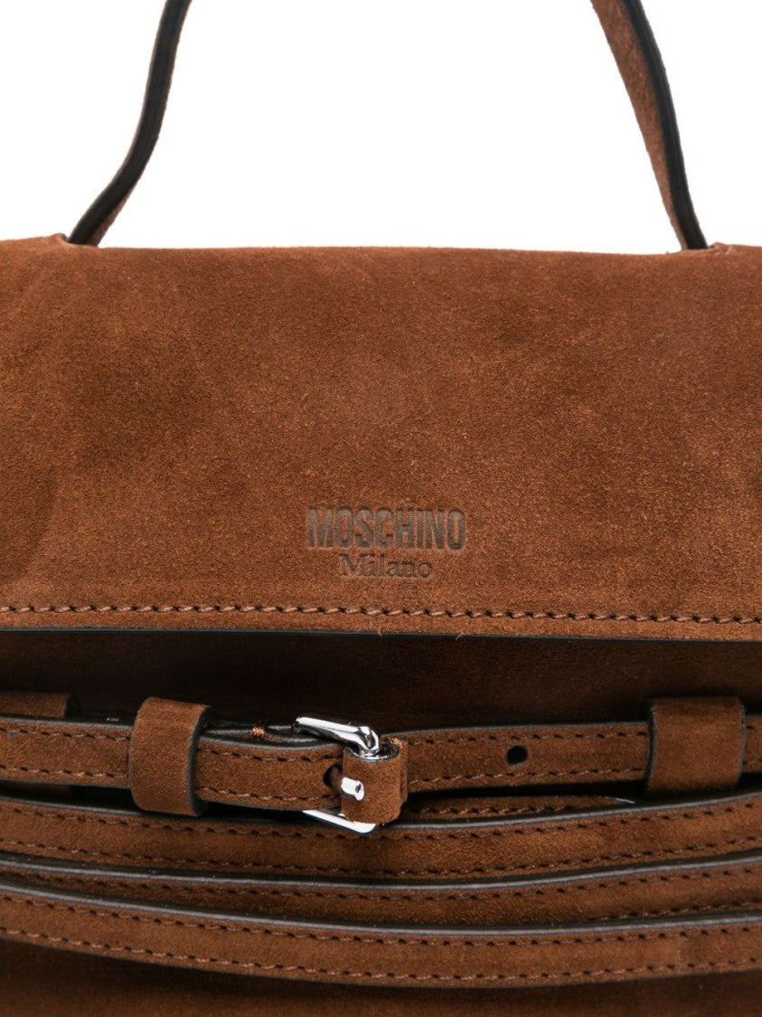Moschino Structured Brown Suede Top Handle Shoulder Bag With Buckle Detail