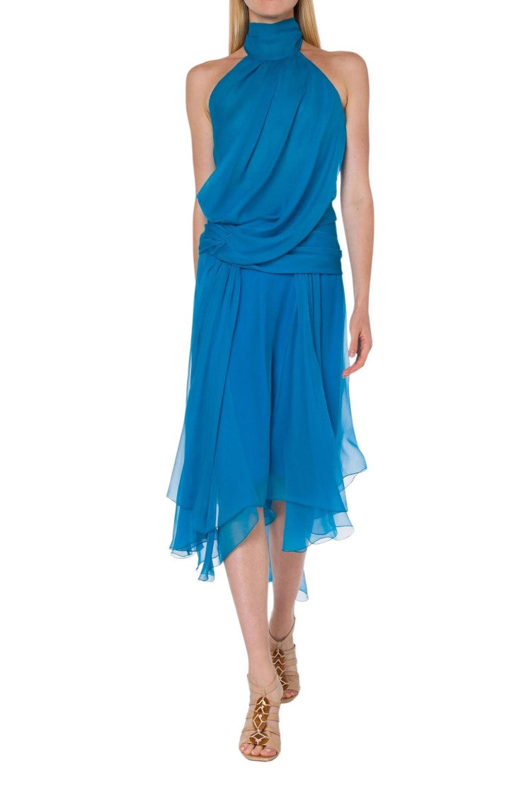 Alberta Ferretti V-Cut Open Back Midi Lavallière Dress