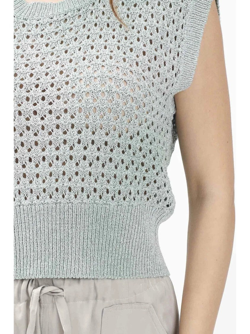 Akep Green Openwork Pattern Ribbed Trim Viscose-Blend Vest