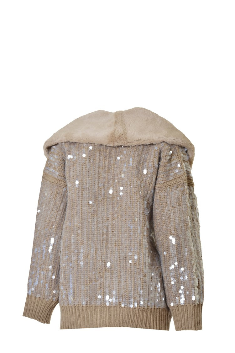 Blumarine Camel Virgin Wool Cardigan With Sequins