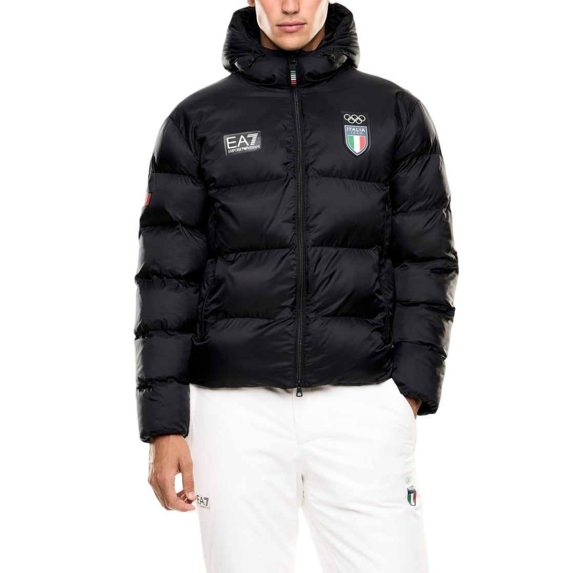 Ea7 Emporio Armani Italia-Emblazoned Black Bomber Jacket With Stand-Up Collar