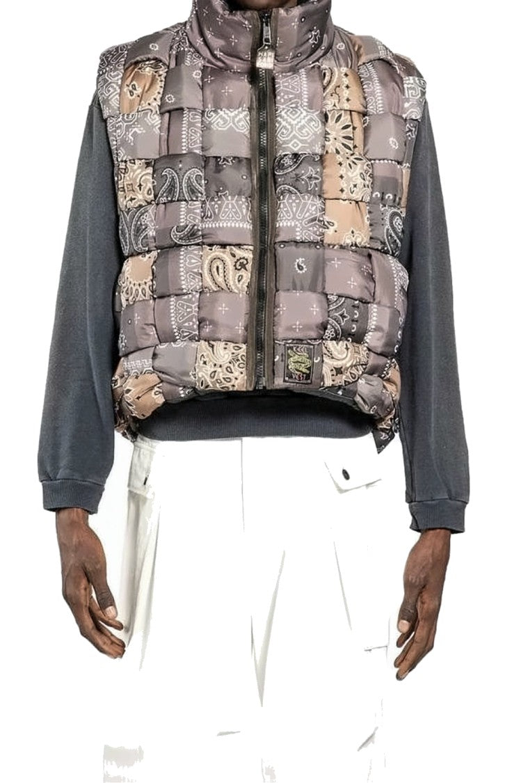 Kapital Cropped Puffer Vest With Patchwork Bandana Print
