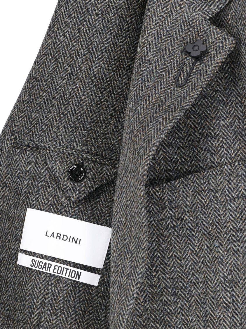 Lardini Grey Wool-Blend Herringbone Single Breasted Blazer