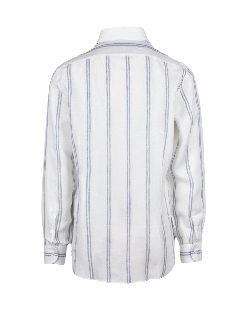 Eleventy White Blue Linen Gauzed Shirt