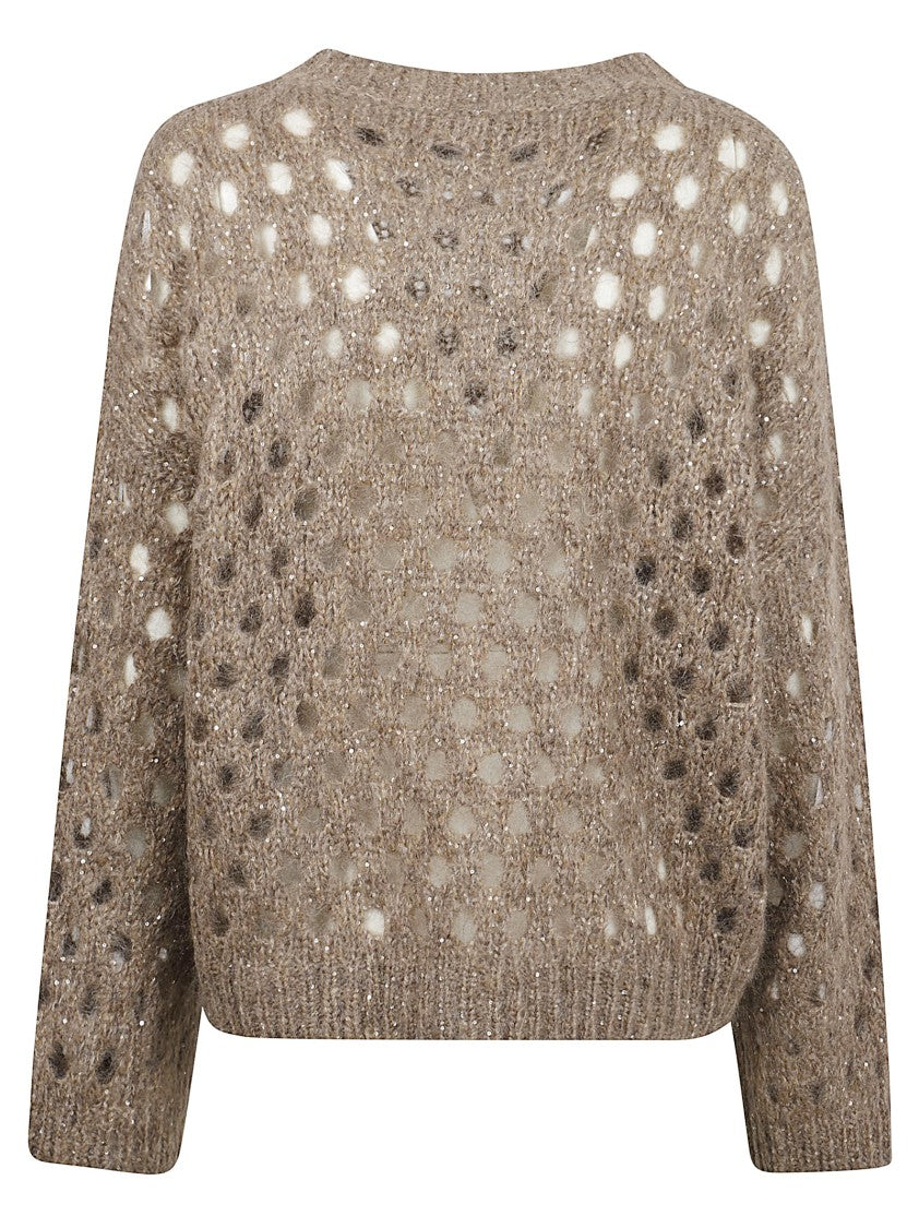 Brunello Cucinelli Openwork Beige Mohair Sweater With Round Collar