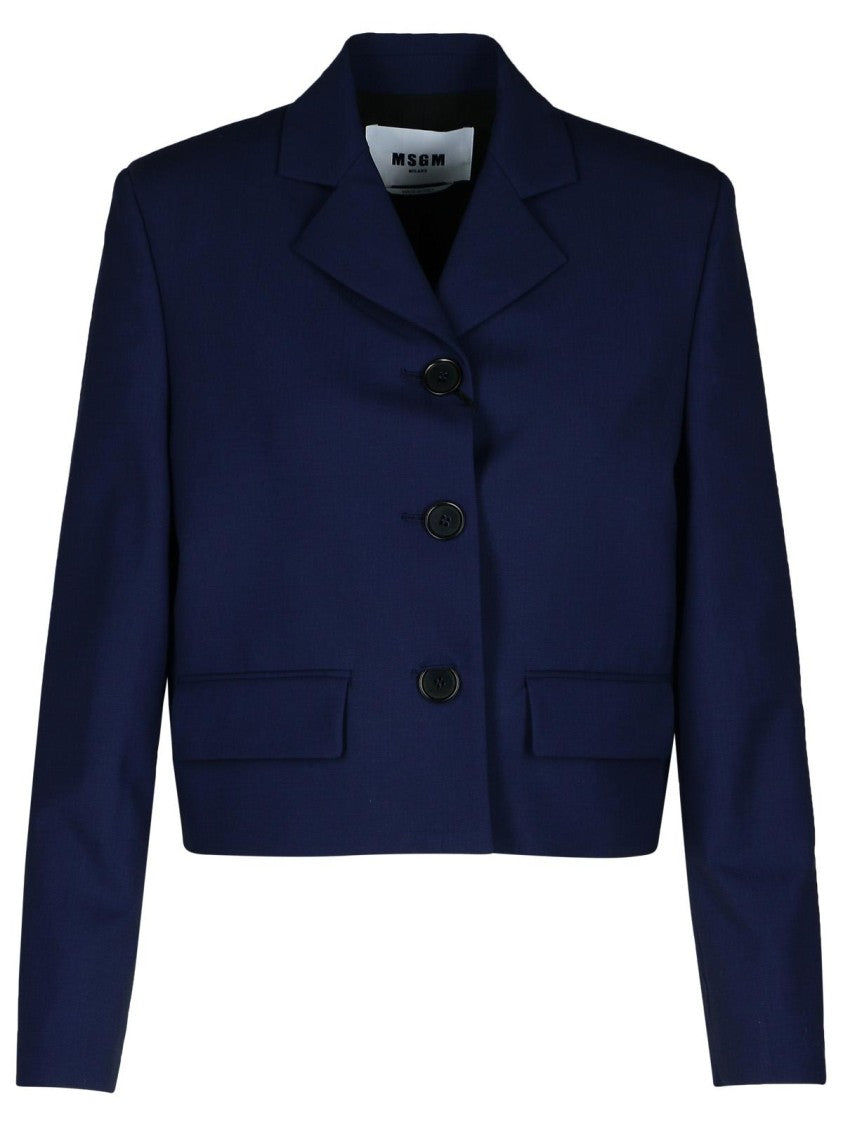 Msgm Navy Virgin Wool Crop Blazer