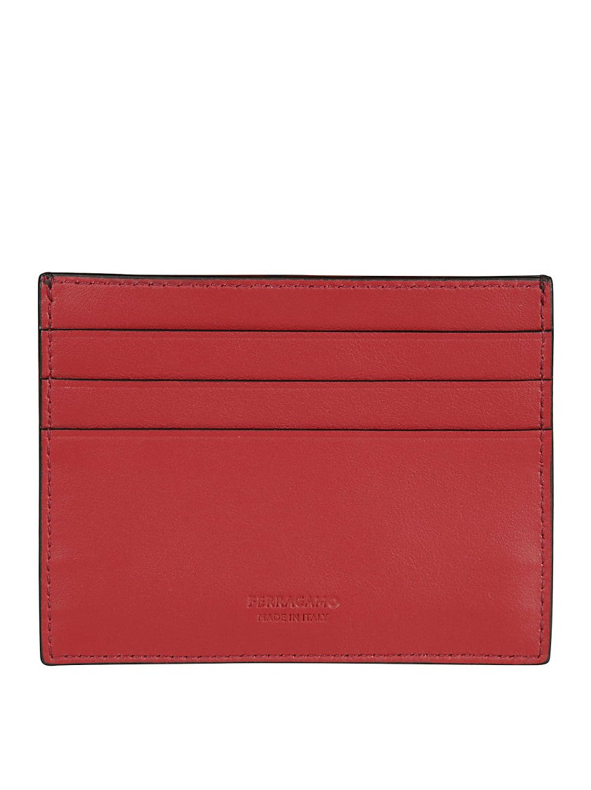 Ferragamo Refined Hammered Calfskin Card Holder With Metallic Logo