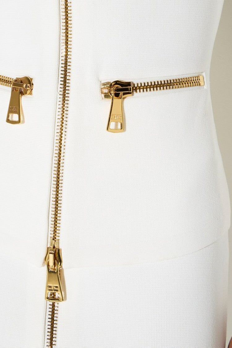 Elisabetta Franchi Ivory Gold Zip Front Hip Pockets Viscose-Blend Sweater