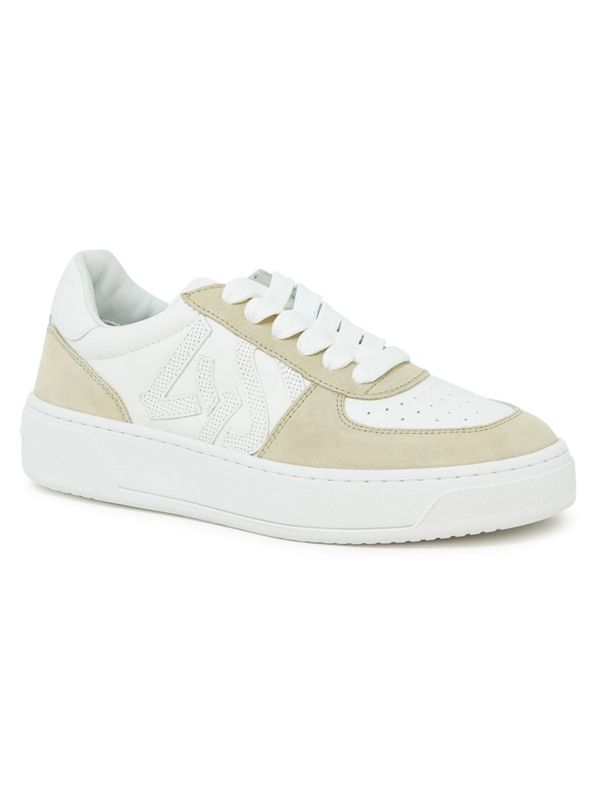 Stuart Weitzman White/Beige Calf Leather Courtside Monogram Sneaker