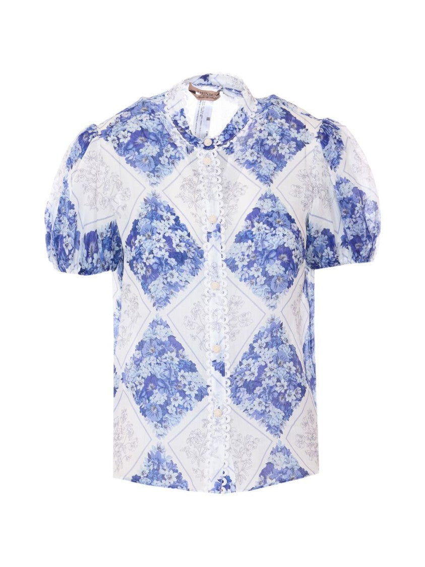 Twin-Set Blue Floral Pattern Ramie Shirt With Scalloped Finish