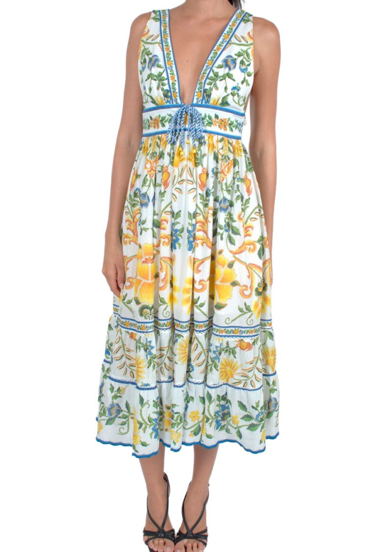 Farm Rio Multicolor Lemon-Floral Plunge-Neck Cotton Midi Dress