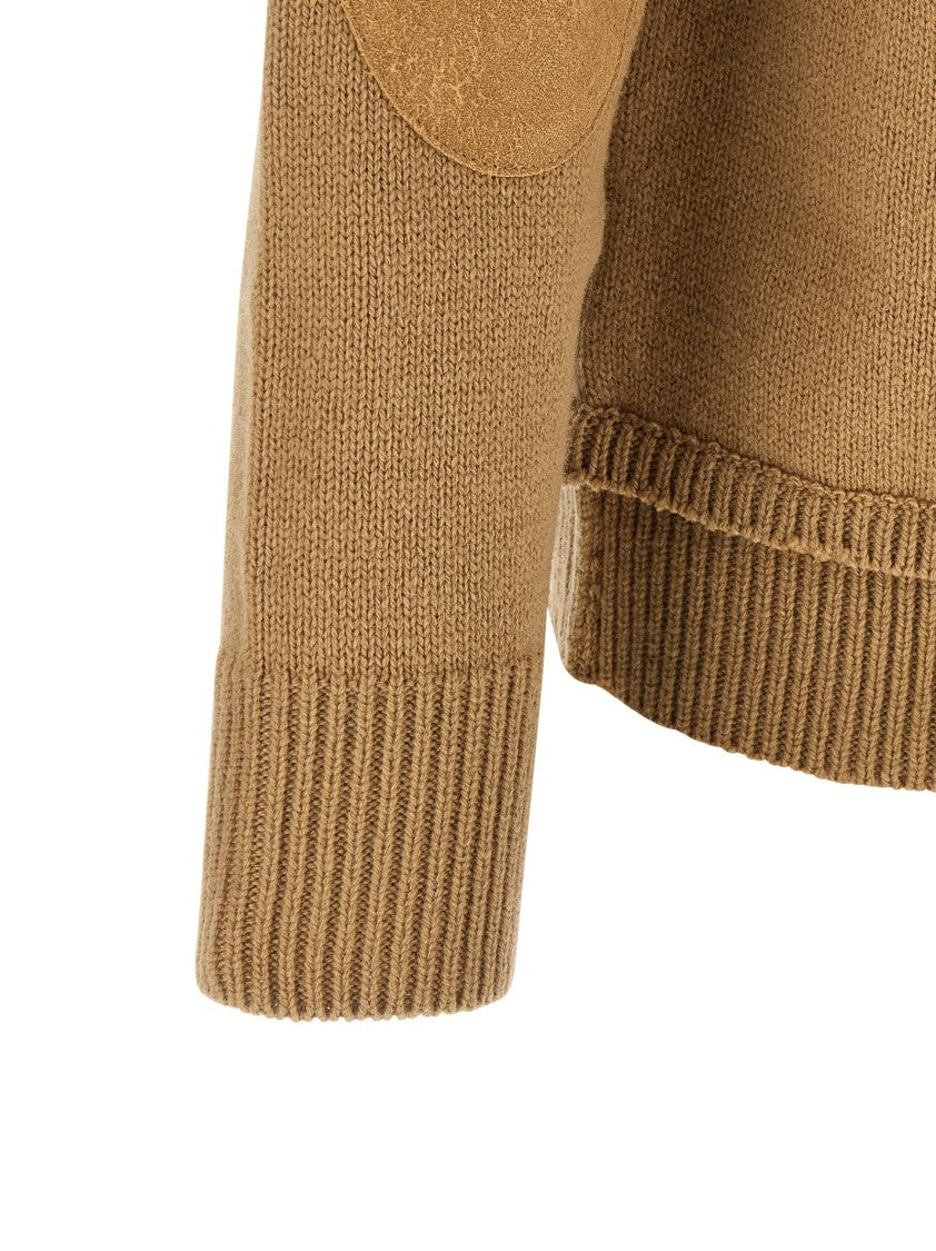 Maison Margiela Thick Knit Wool Sweater With Suede Patches And Destroyed Details