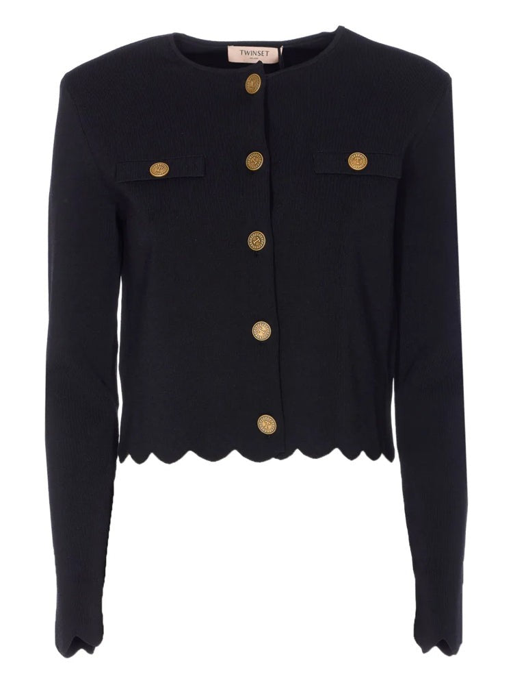 Twin-Set Cropped Jacket With Scalloped Hem And Gold-Tone Accents