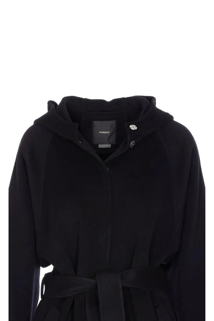 Pinko Black Hooded Raglan Knotted Belt Wool-Blend Coat