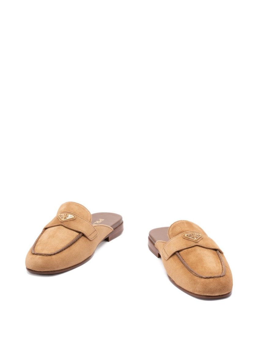 Prada Camel Suede Triangle Logo Slippers