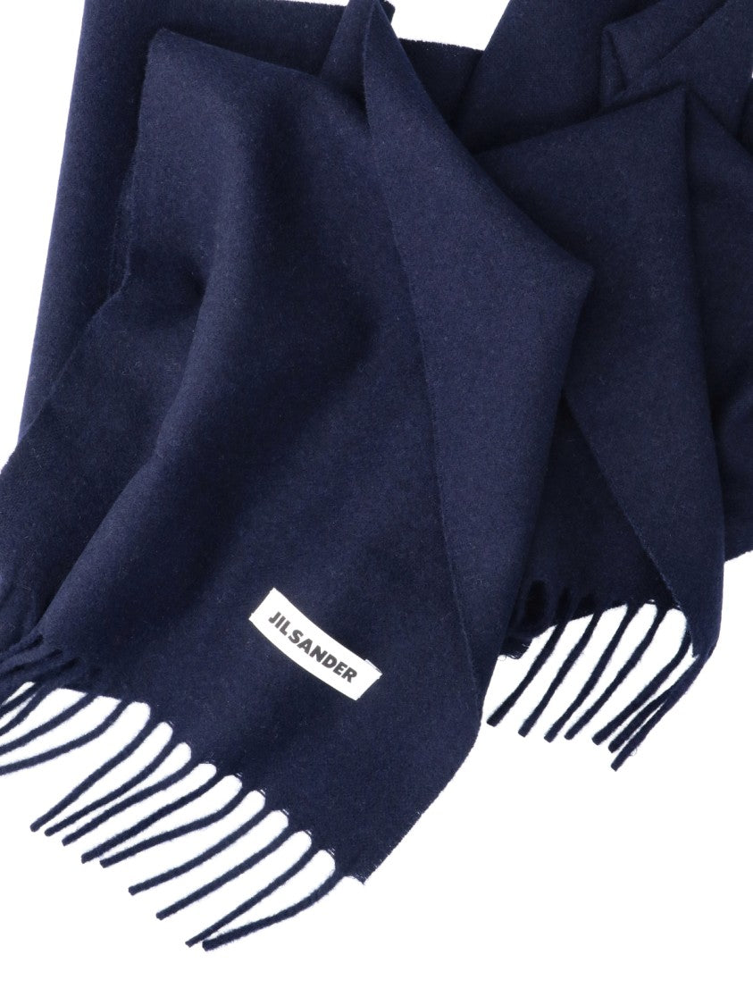 Jil Sander Rectangular Navy Blue Virgin Wool Scarf With Logo Patch