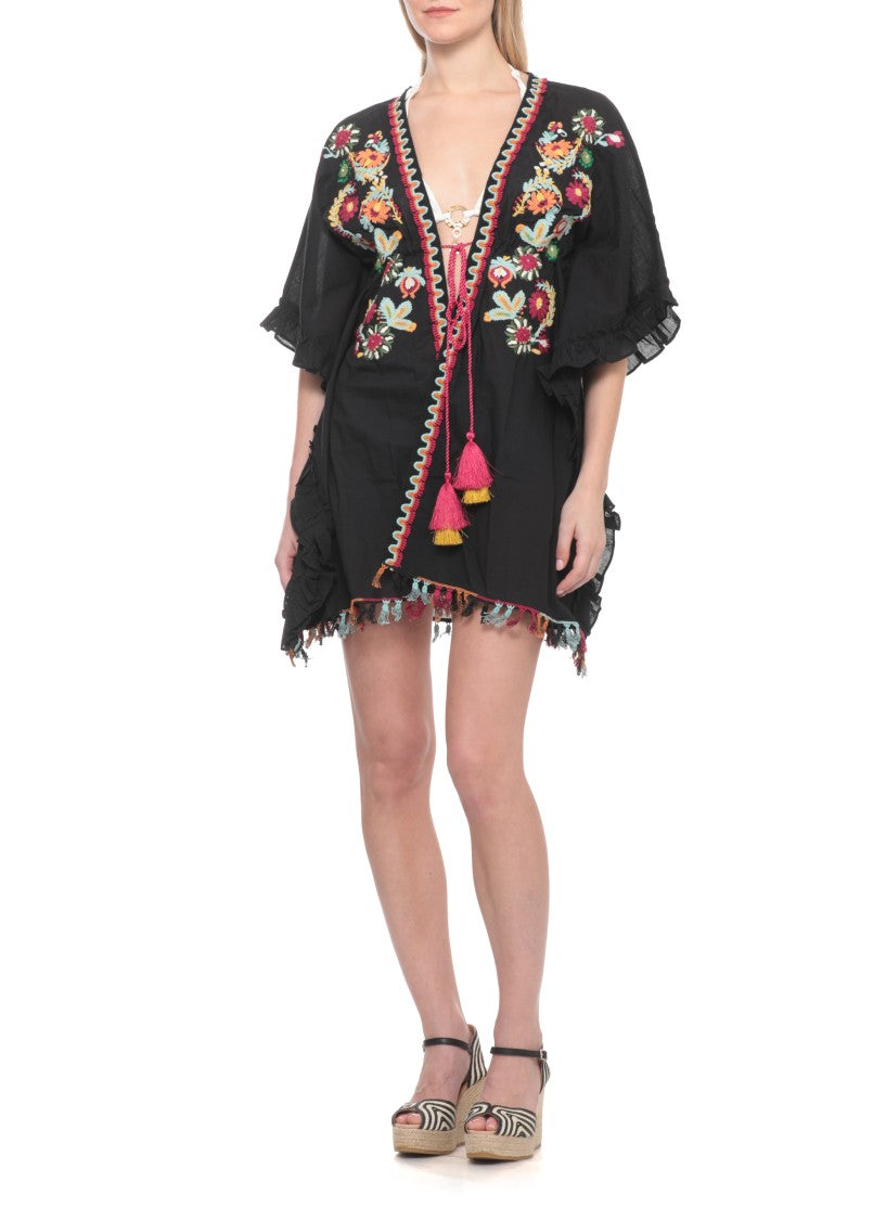 Miss Bikini Black Floral Embroidered Cotton Poncho
