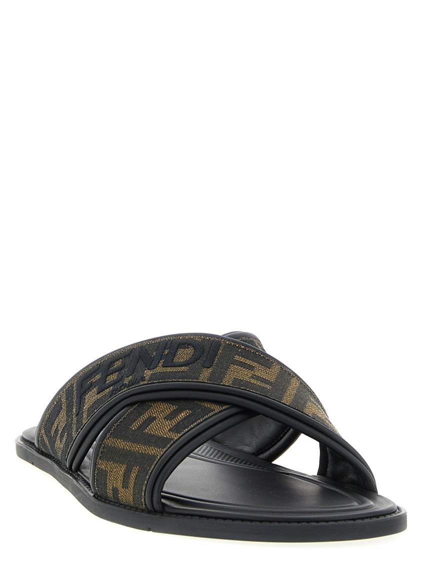 Fendi Double Crossed Band Logo Slides With Jacquard Pattern