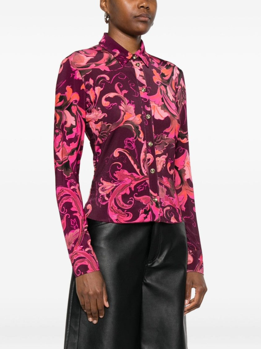 Versace Jeans Couture Baroque-Inspired Fitted Shirt In Deep Burgundy
