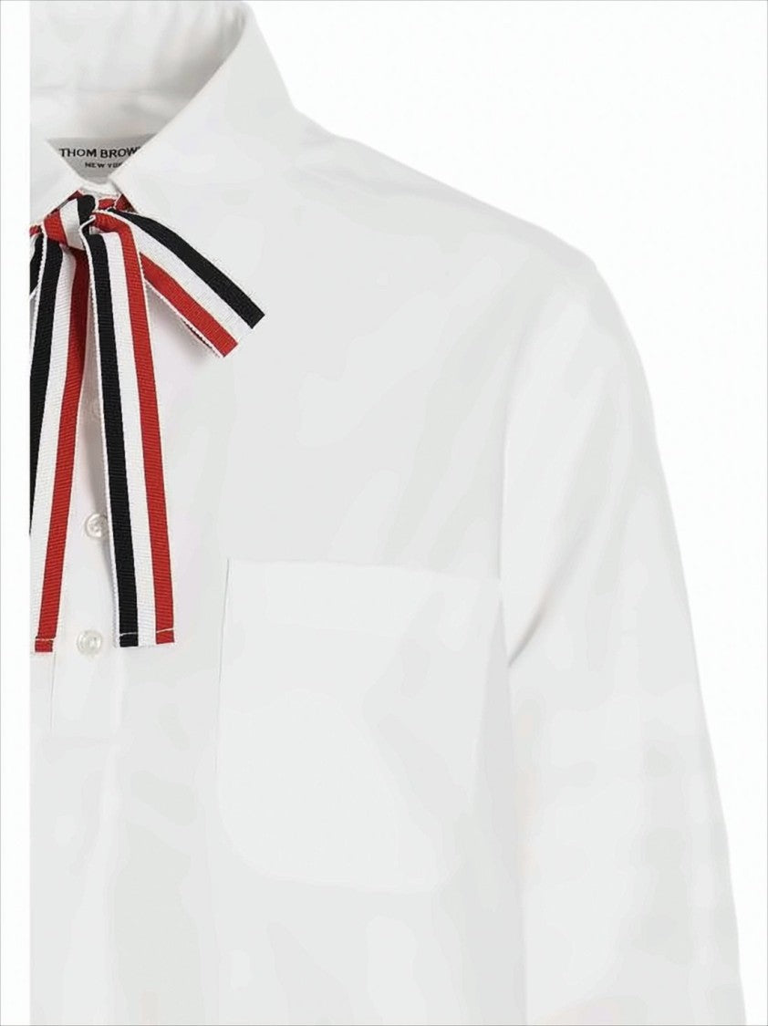 Thom Browne Crisp White Cotton Blouse With Striped Ribbon Bow