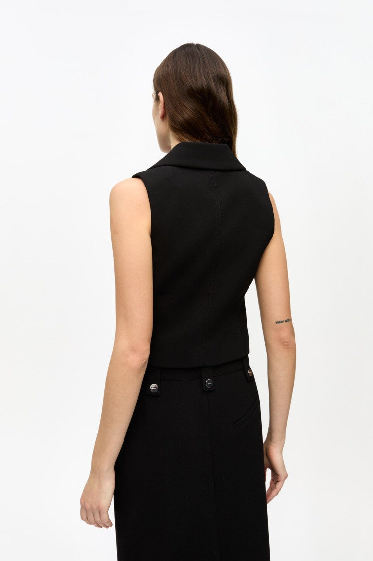 Ganni Black Bonded Crepe Vest With Double Collar