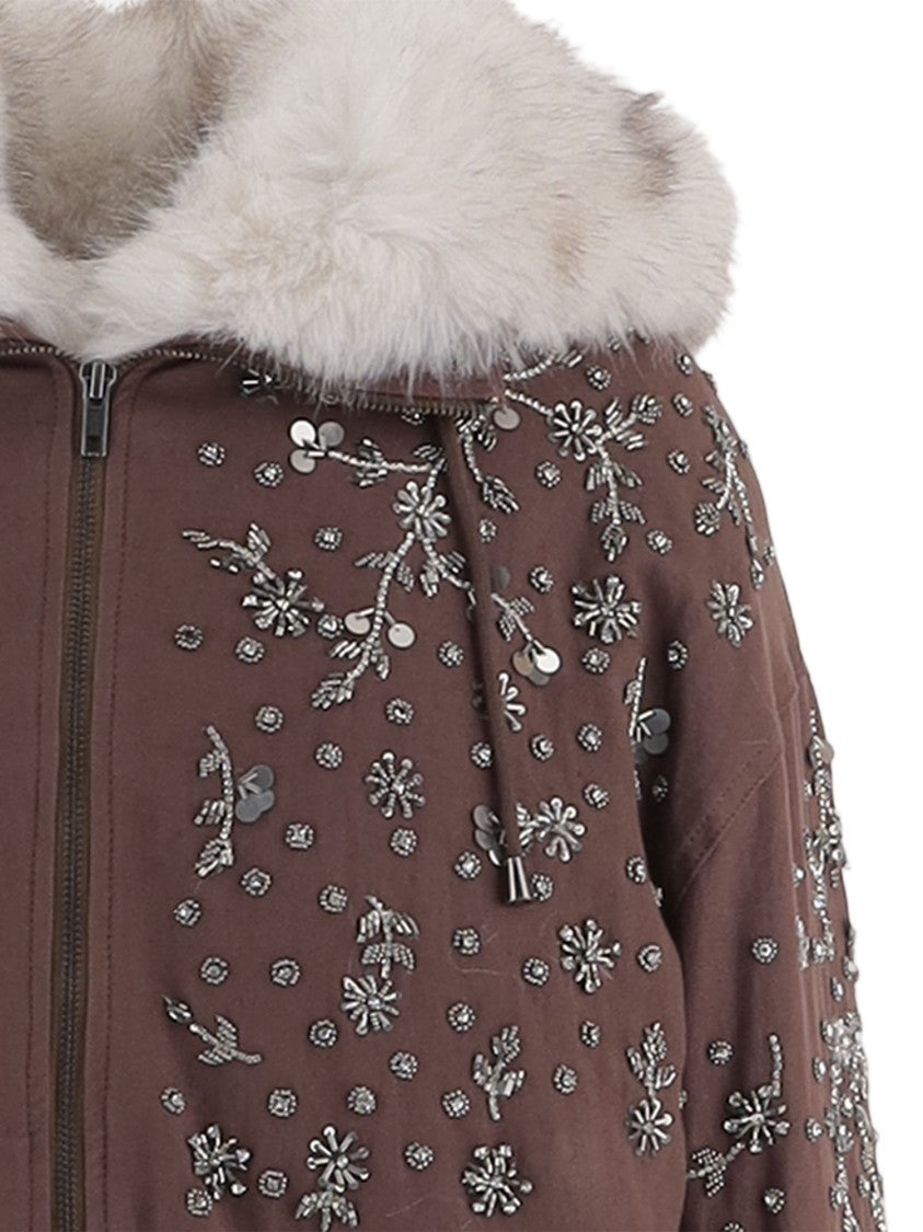 Novelle Brown Floral Embroidered Hooded Cotton Jacket