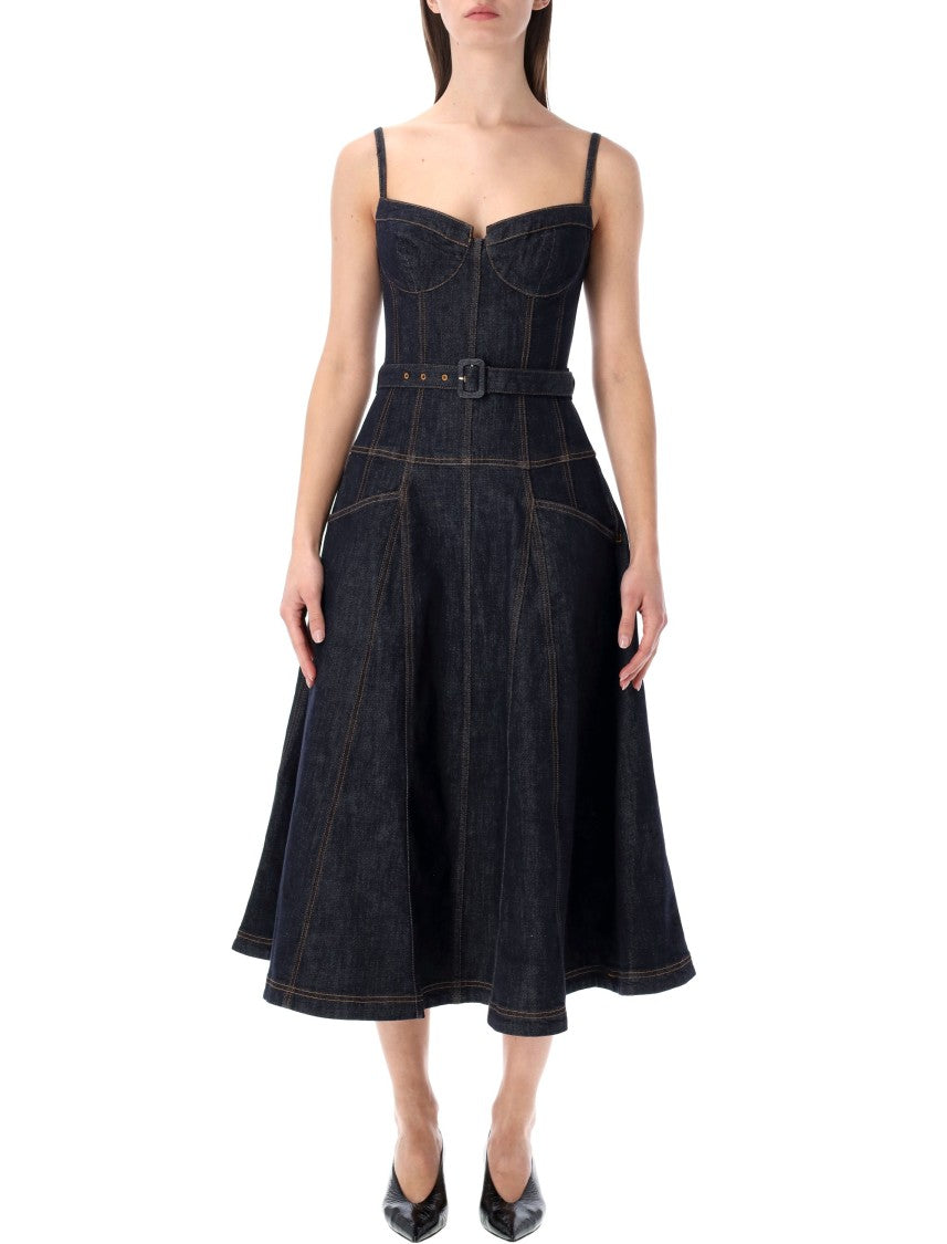 Self-Portrait Blue Sweetheart Neck Fluid Denim Dress