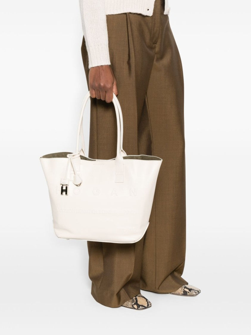 Hogan Cream Calf Leather Shopper Bag With Embossed Detailing