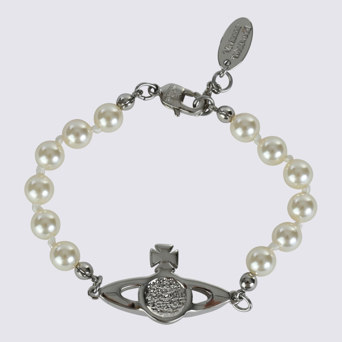 Vivienne Westwood Pearl Bracelet With Textured Metallic Emblem