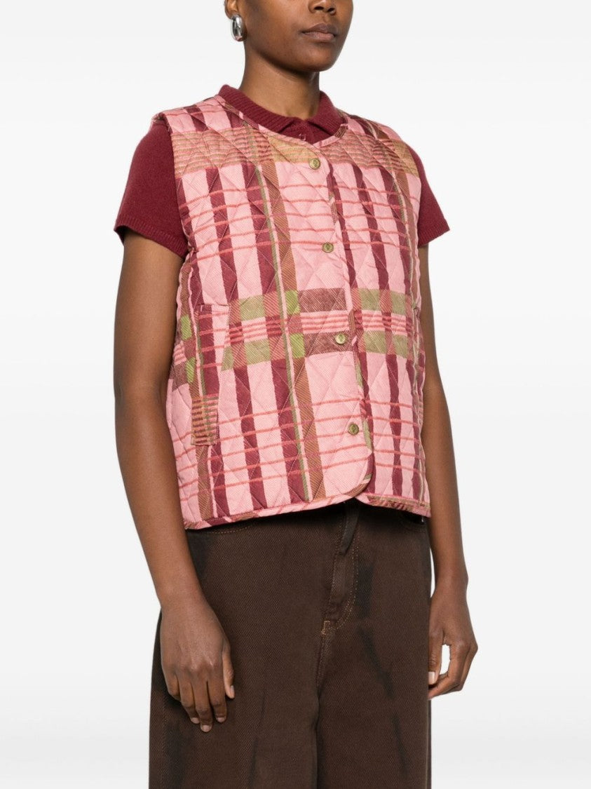 Barbour Quilted Pink And Beige Plaid Vest
