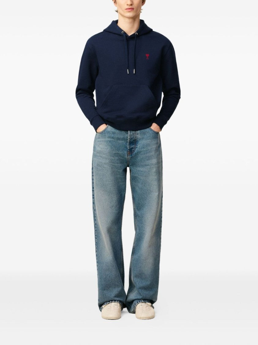 Ami Navy Blue Cotton Jersey Hoodie With Signature Monogram