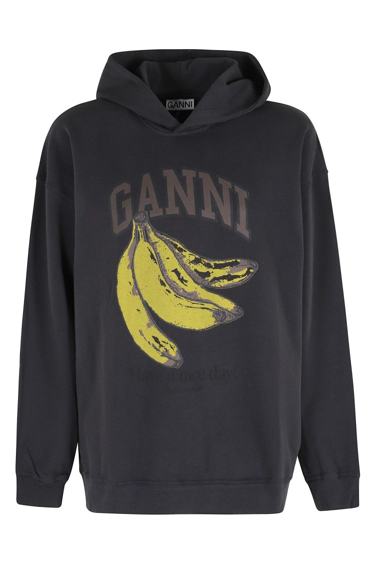 Ganni Black Isoli Hoodie Banana Graphic-Print Cotton Hoodie