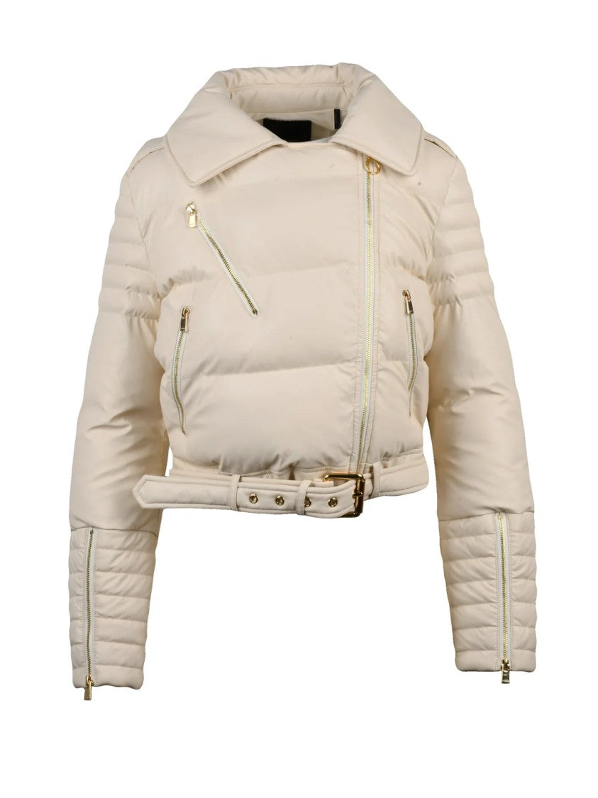 Pinko Cropped Biker Jacket With Leather Effect And Gold Accents