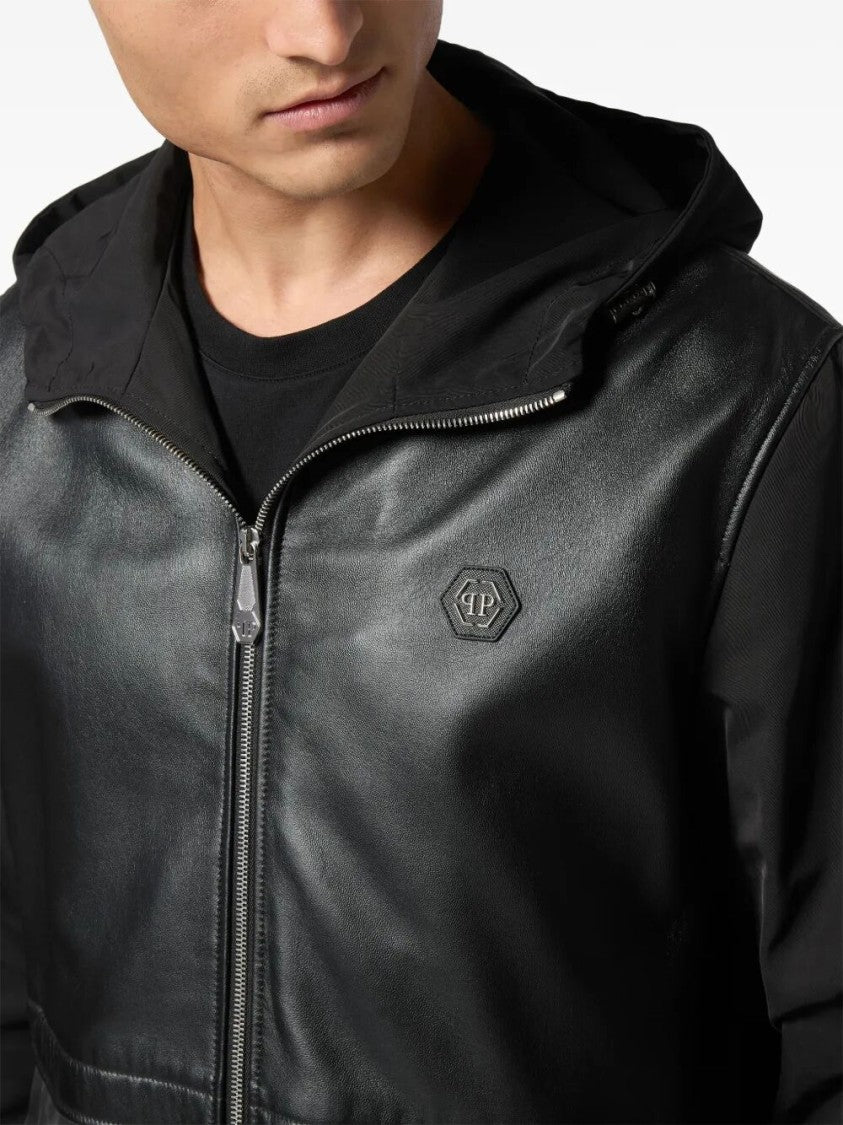 Philipp Plein Leather Long Sleeve Hooded Jacket
