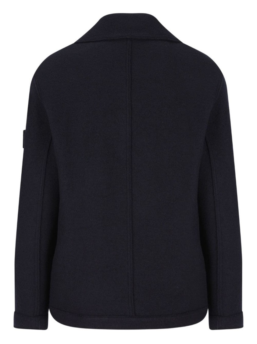 Stone Island Double-Breasted Blue Coat With Structured Collar