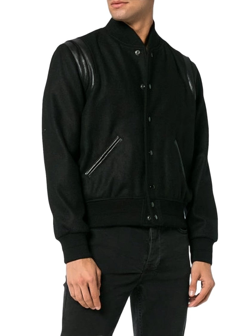 Saint Laurent Classic Bomber Jacket With Leather Shoulder Accents