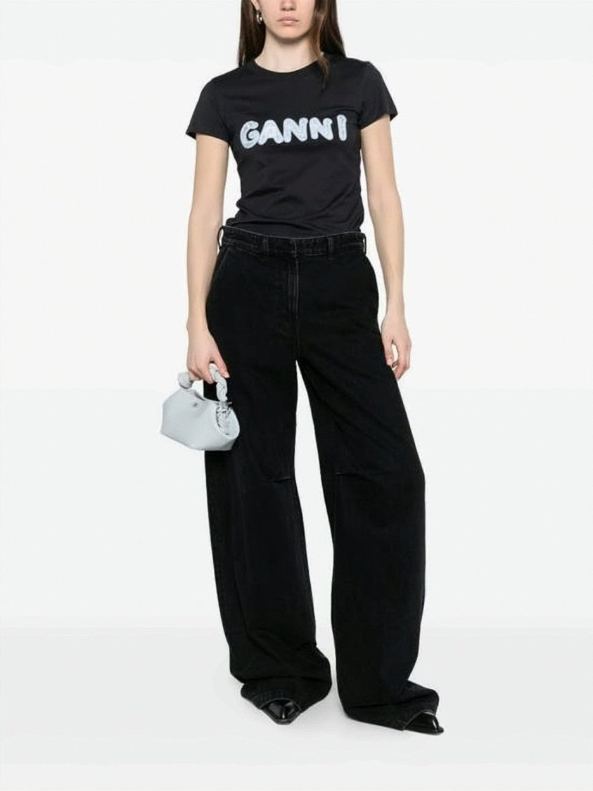 Ganni Fitted Black T-Shirt With Textured Logo Design