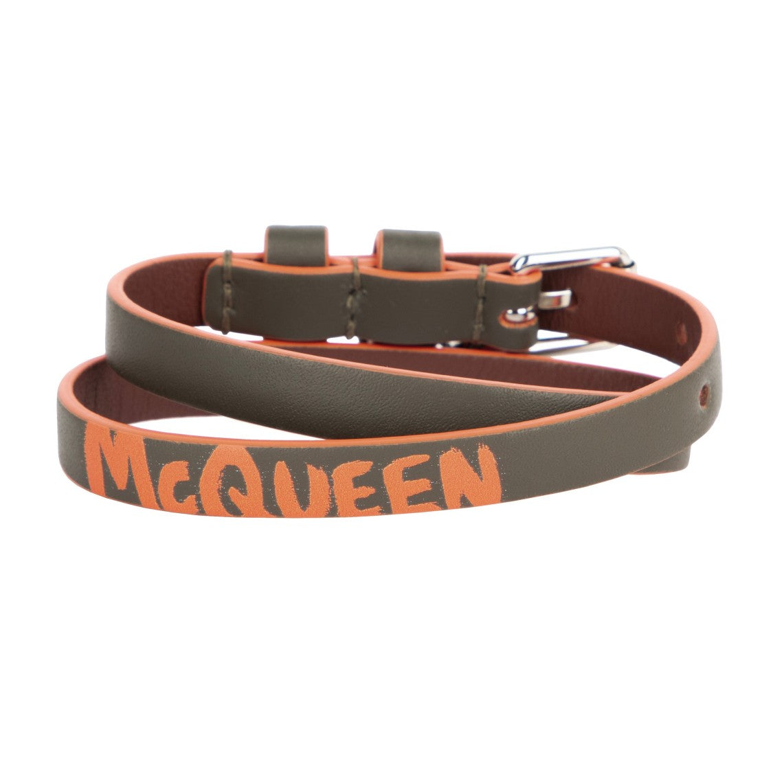 Alexander Mcqueen Graffiti Skull Leather Wrap Bracelet In Green
