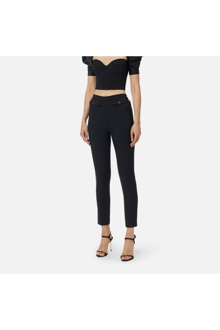 Elisabetta Franchi Black Ankle-Length Flap Pocket Polyester-Blend Cropped Pants