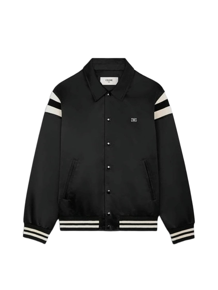 Celine Black Jacket With Classic Collar And Sporty Stripe Details
