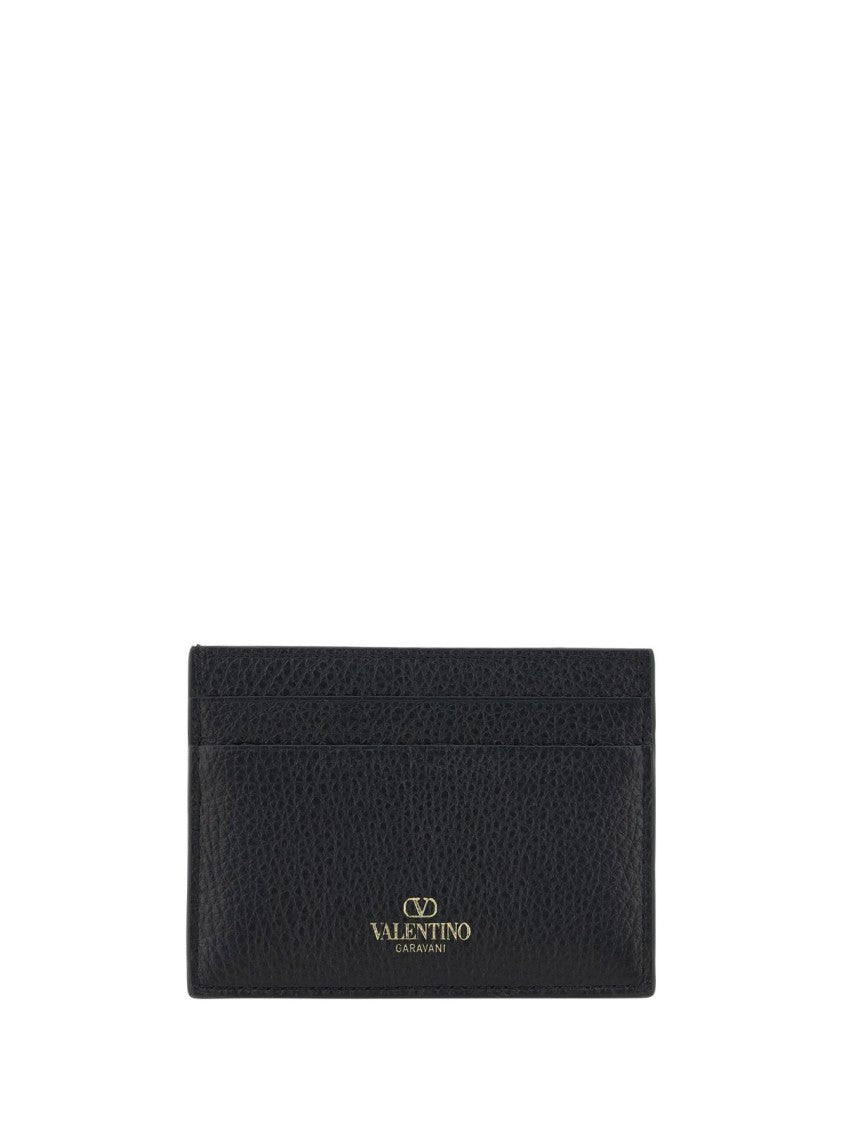 Valentino Textured Calf Leather Cardholder With Metallic Pyramid Studs